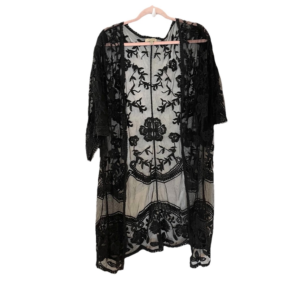 Polagram Sheer Black Lace Kimono Cardigan Boho Floral Embroidered Mesh OS *FLAW*